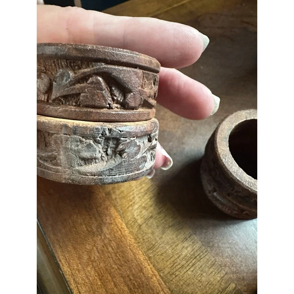 Vintage Carved Teak Wood Napkin Rings Set of 8 Measures 1 7/8 by 5/8